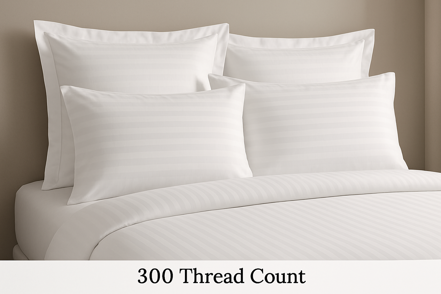 300TC White Striped Bedsheets with Four Pillows and Decorative Flaps