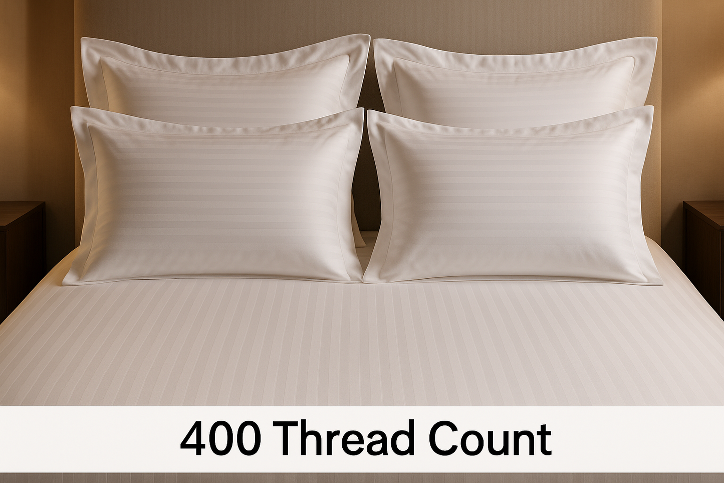 400TC White Striped Bedsheets with Four Pillows and Decorative Flaps