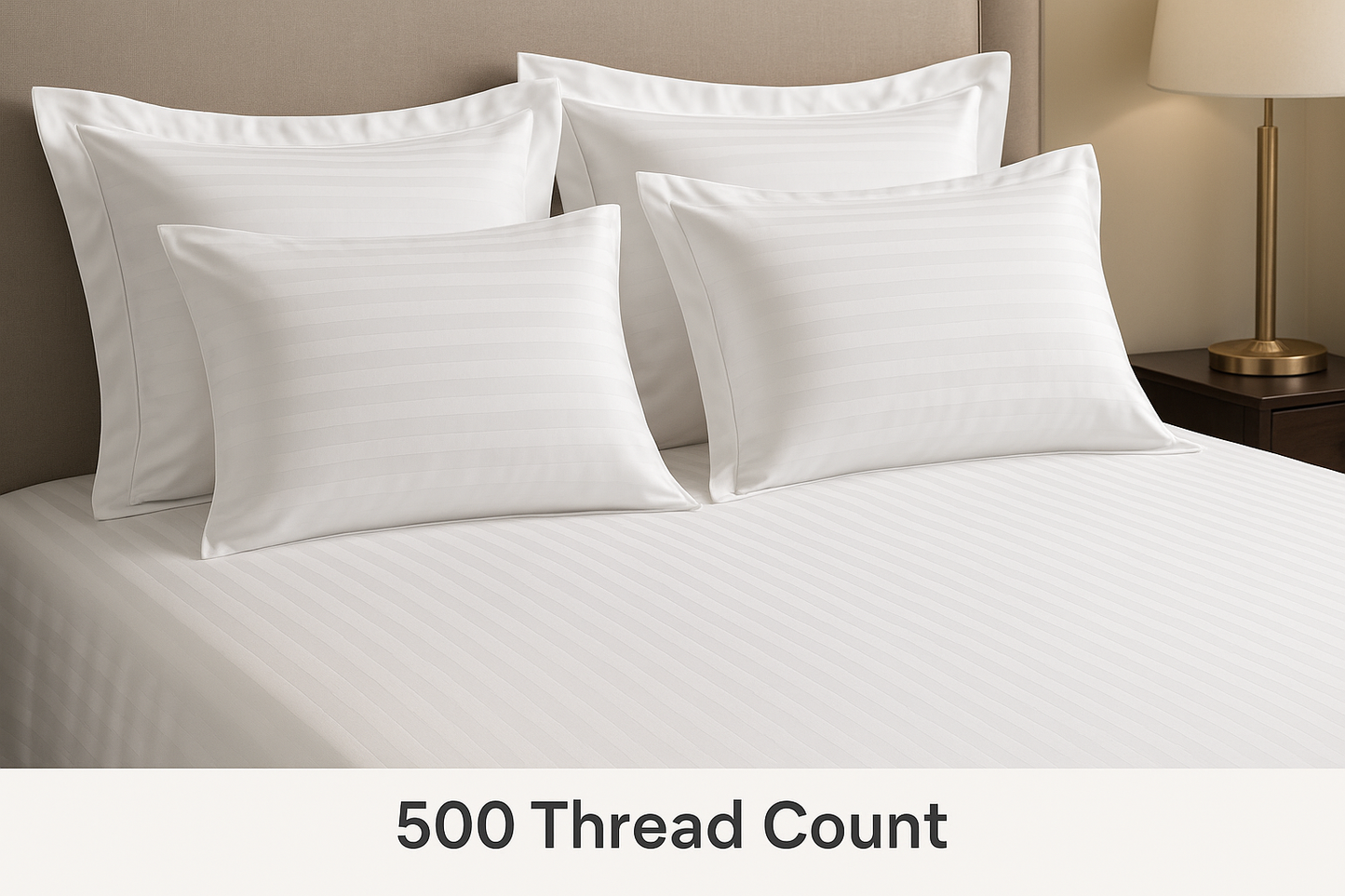 500TC White Striped Bedsheets with Four Pillows and Decorative Flaps