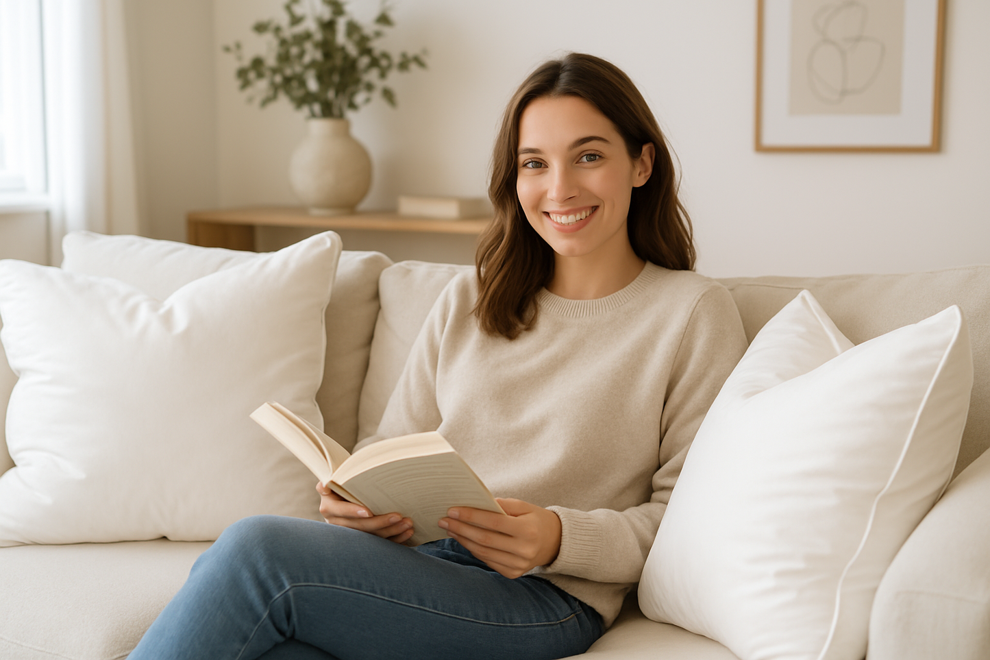 Person Relaxing with White Microfiber Cushions - Improved