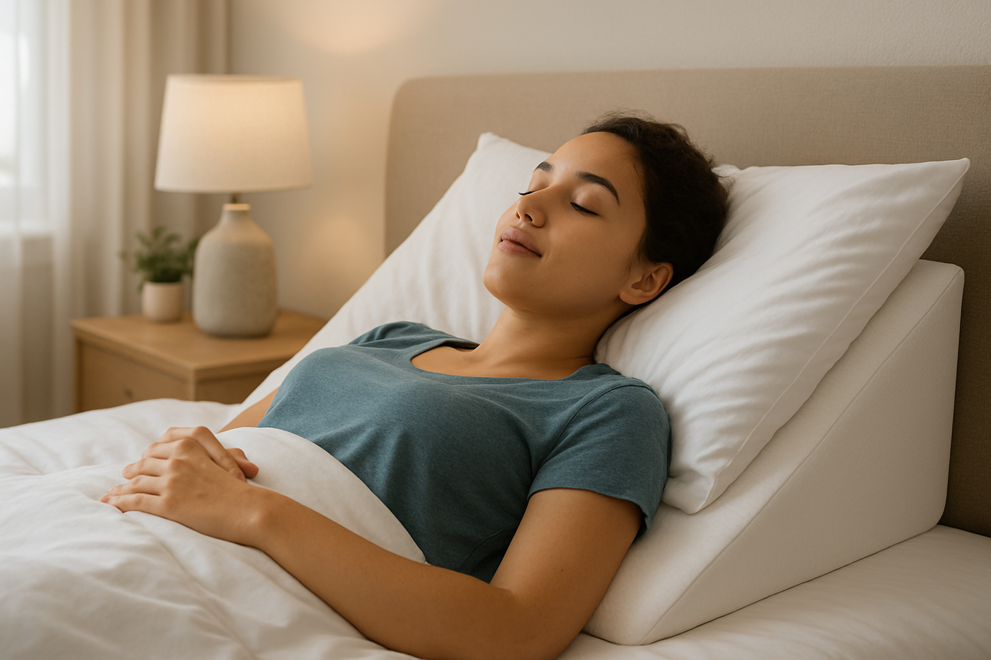 Person Sleeping with Elevated Position on White Wedge Pillow