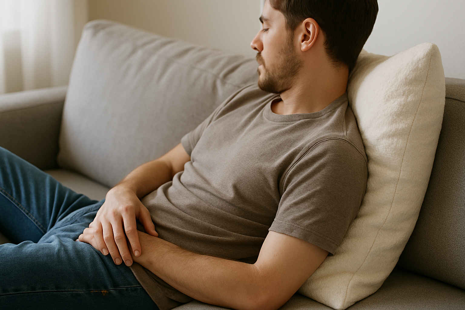 A person sitting on a sofa with the support of a pure white cotton fiber cushion