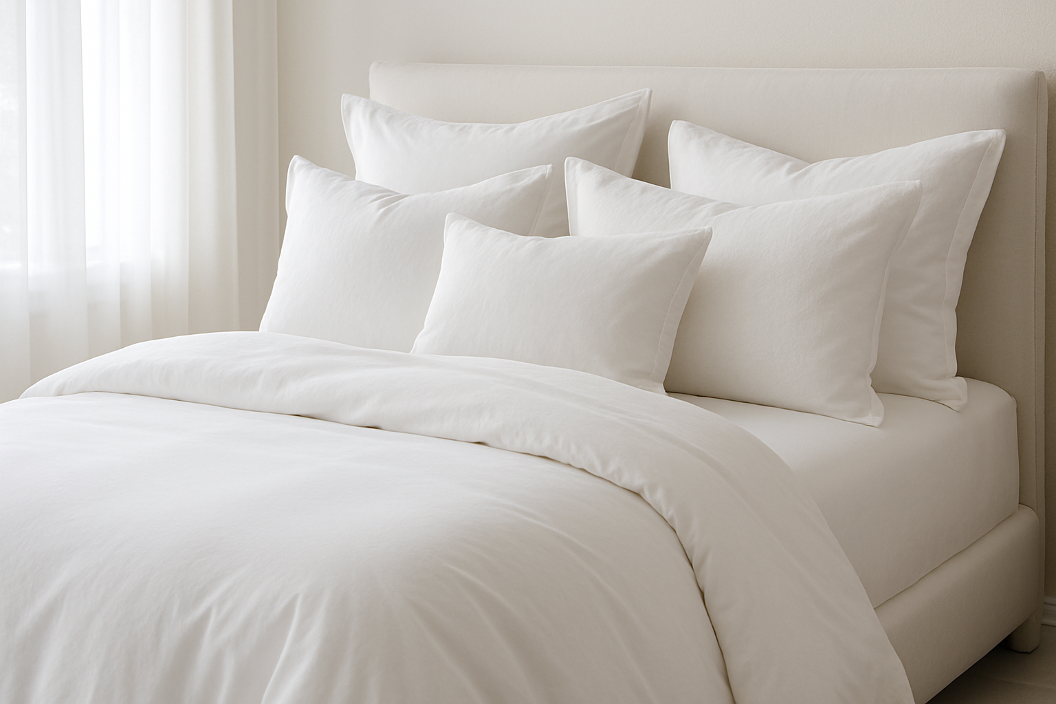 Luxurious white bedding collection in a serene bedroom setting