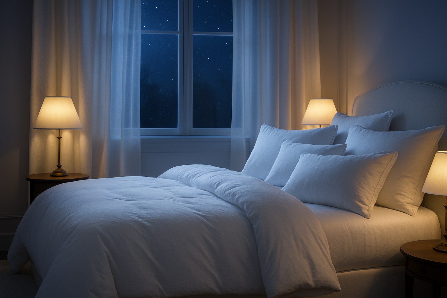 Luxurious white bedding collection in a serene nighttime bedroom setting