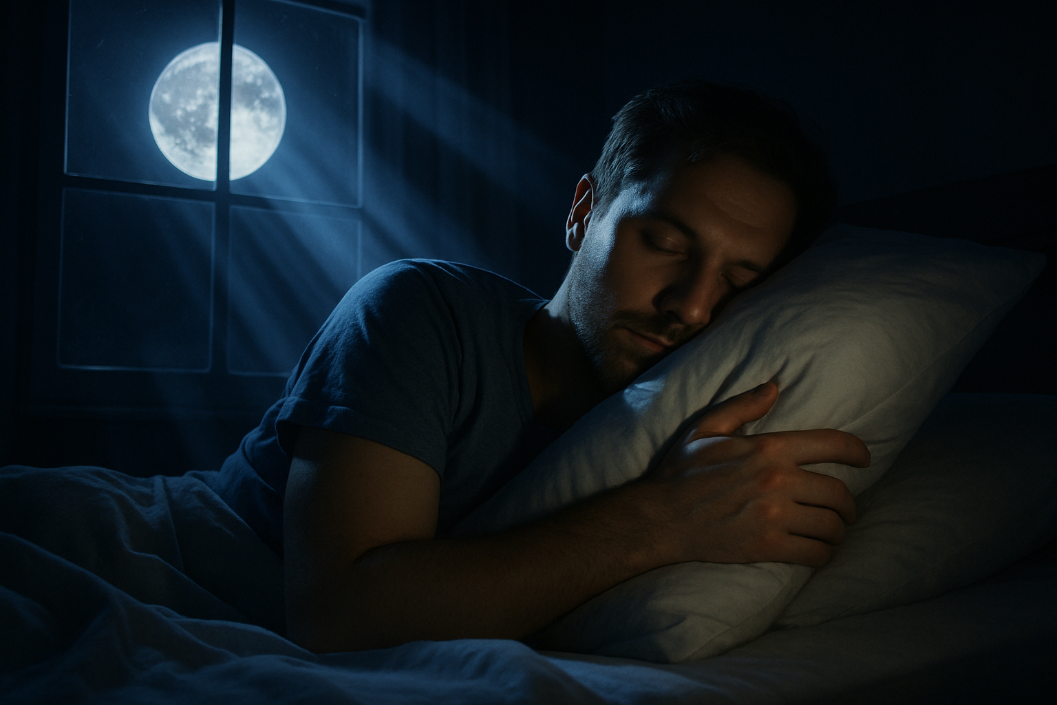 Man cuddling a white pillow with dramatic moonlight beams and visible moon