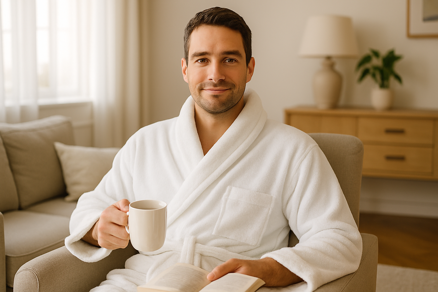 Man with Visible Eyes Relaxing in White Bath Robe