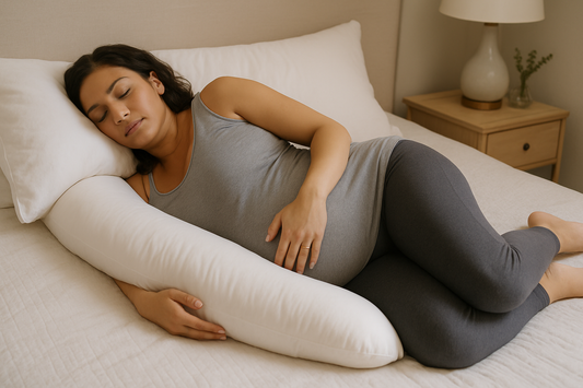 Pregnant Woman Using White Body Pillow for Support